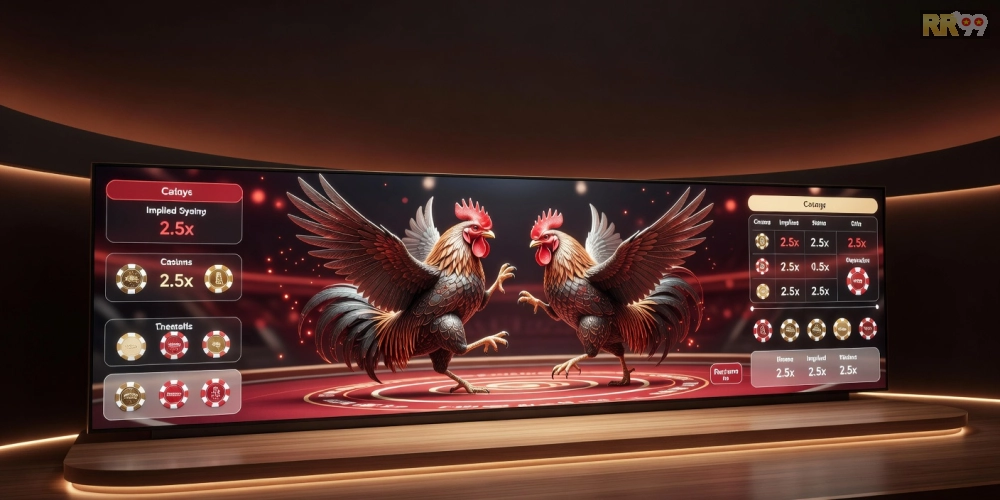 Minh họa khái niệm đá gà casino trực tiếp với hình ảnh trường gà hiện đại và màn hình streaming