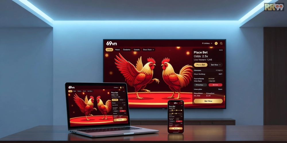 Minh họa khái niệm đá gà trực tuyến 69vn với giao diện hiện đại và trận đấu sôi động