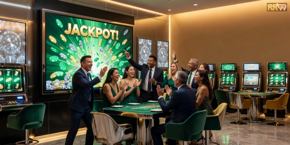 Hình ảnh nổi bật ưu điểm của nổ hũ vip 69vn với biểu tượng jackpot và người chơi vui mừng.